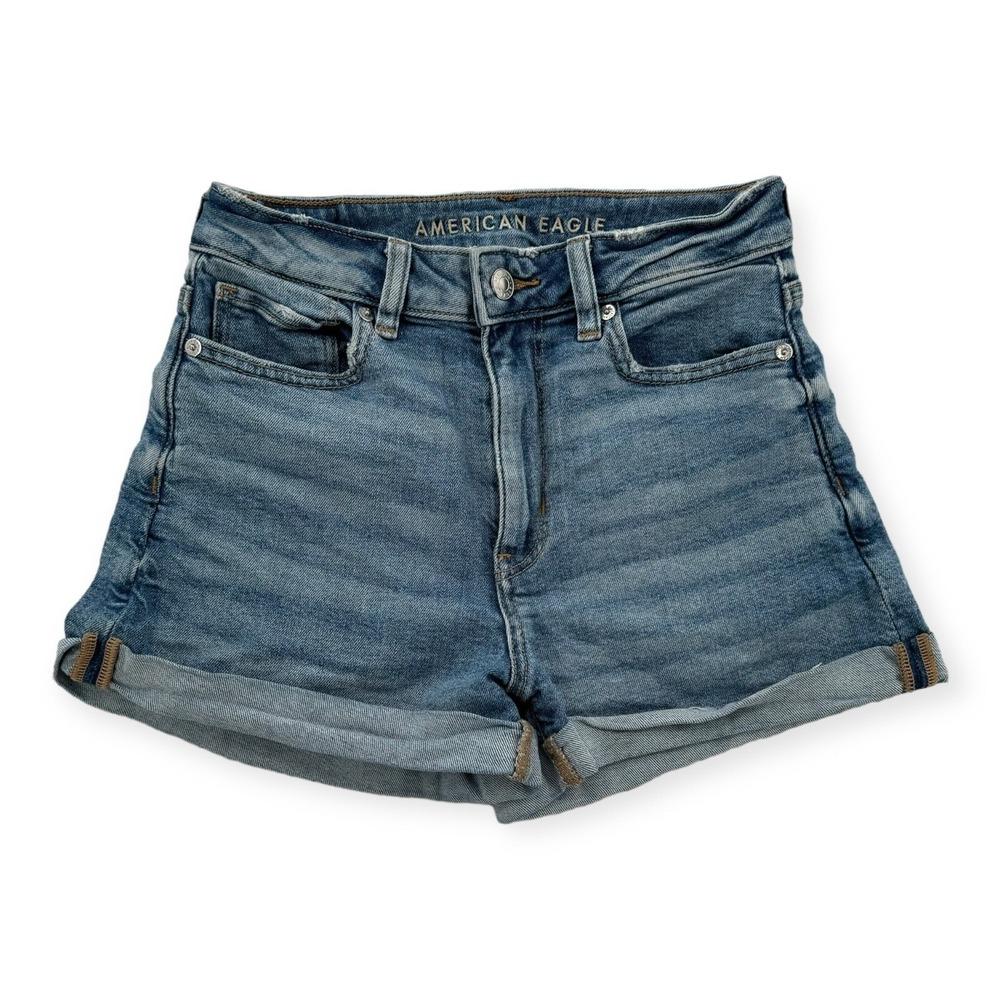 American Eagle Womens 0 Stretch Cuffed Denim High Waist Boyfriend Shorts Blue